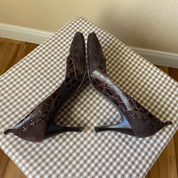 Fiorucci Leather Heel Croc Pattern Suede Pump Brown Size: 36 (US:6) - Picture 6 of 12